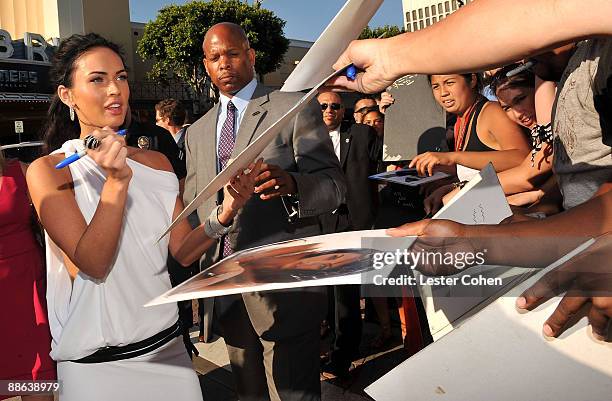 Actress Megan Fox arrives on the red carpet of the 2009 Los Angeles Film Festival's premiere of "Transformers: Revenge of the Fallen" held at the...