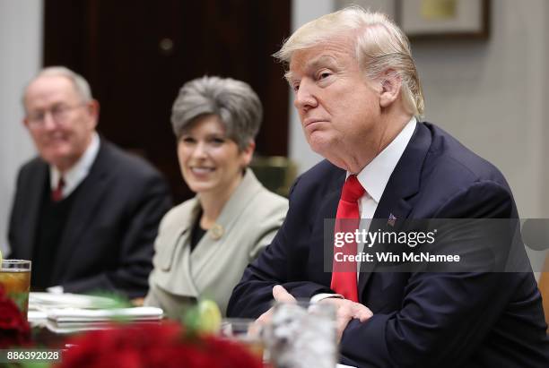 President Donald Trump speaks during a meeting with Republican members of Congress in the Roosevelt Room of the White House December 5, 2017 in...