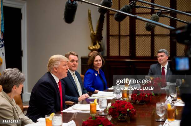 President Donald Trump speaks during a lunch meeting with Republican members of the Senate, including US Senator Joni Ernst , Republican of Iowa, US...