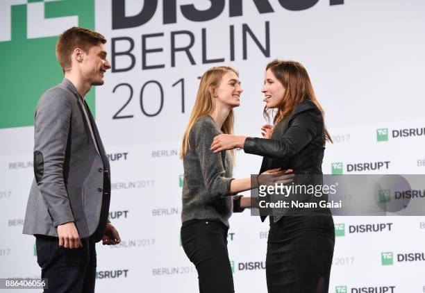 Philip Eller and Victoria Hauzeneder of Startup Battlefield Runner-Up BLIK with Samantha Stein at TechCrunch Disrupt Berlin 2017 at Arena Berlin on...