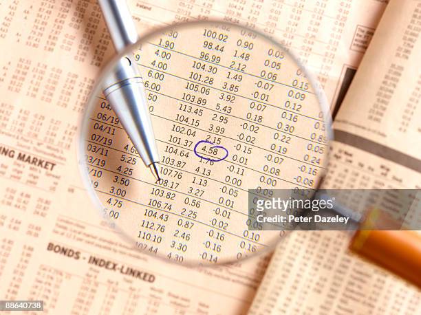 looking at share prices through magnifying glass. - bear and bull stock pictures, royalty-free photos & images