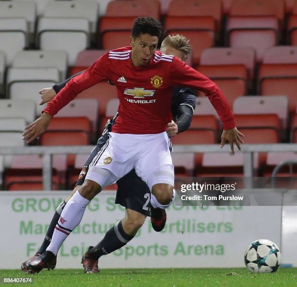 Nishan Burkart of Manchester United U19s in action during the UEFA Champions League group A match between Manchester United and CSKA Moskva at Leigh...