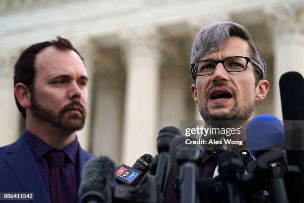 Charlie Craig and Dave Mullins , the gay couple who were denied having their wedding cake baked by cake artist Jack Phillips, speak to members of the...