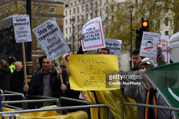 Atalan protesters rally outside of Downing Street in London on December 5, 2017 as Prime Minister of Spain Mariano Rajoy visits the city for talks...
