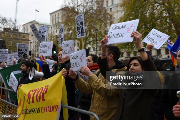 Atalan protesters rally outside of Downing Street in London on December 5, 2017 as Prime Minister of Spain Mariano Rajoy visits the city for talks...