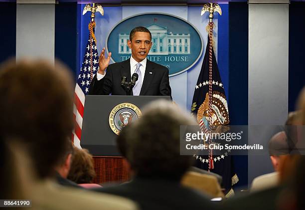 President Barack Obama speaks during a news conference in the James S. Brady Briefing Room at the White House June 23, 2009 in Washington, DC. Obama...