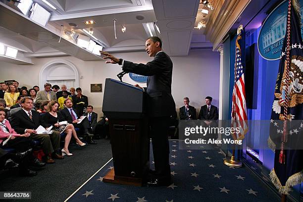 President Barack Obama speaks during a news conference in the James S. Brady Briefing Room of the White House June 23, 2009 in Washington, DC. Obama...