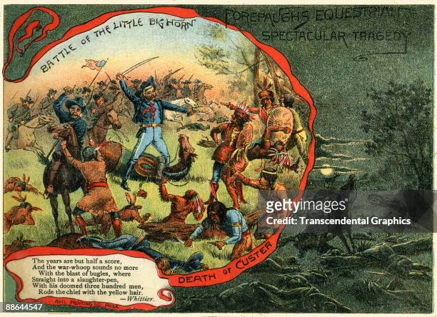 Lithographed trade card features text and an illustration that depicts the Battle of Little Big Horn, and more specifically, the 'Death of Custer,'...