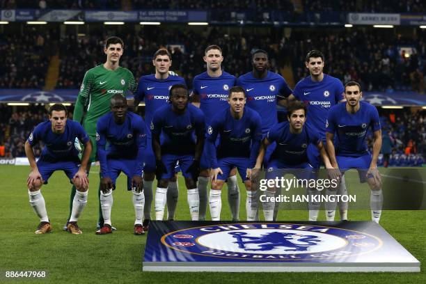 Chelsea's Belgian goalkeeper Thibaut Courtois, Chelsea's Danish defender Andreas Christensen, Chelsea's English defender Gary Cahill, Chelsea's...