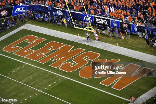 General view of the Clemson Tigers' logo in their endzone during the ACC Football Championship matchup of the Clemson Tigers and Miami Hurricanes at...