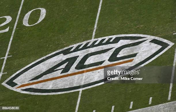 General view of an ACC Conference logo in Miami Hurricanes colors during the ACC Football Championship matchup of the Miami Hurricanes and the...