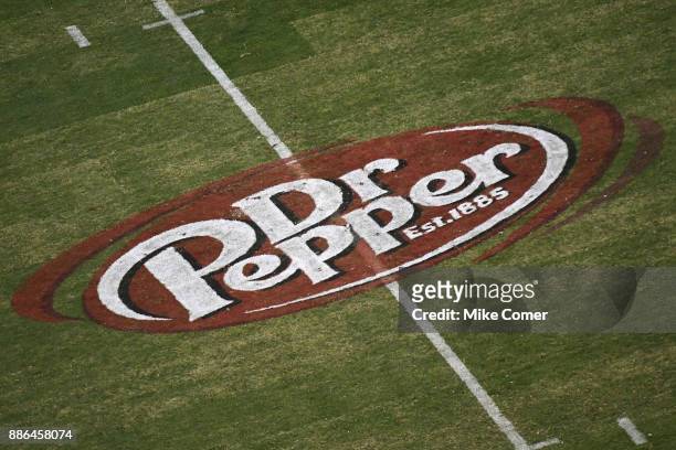 General view of a Dr. Pepper logo during the ACC Football Championship matchup of the Clemson Tigers and Miami Hurricanes at Bank of America Stadium...