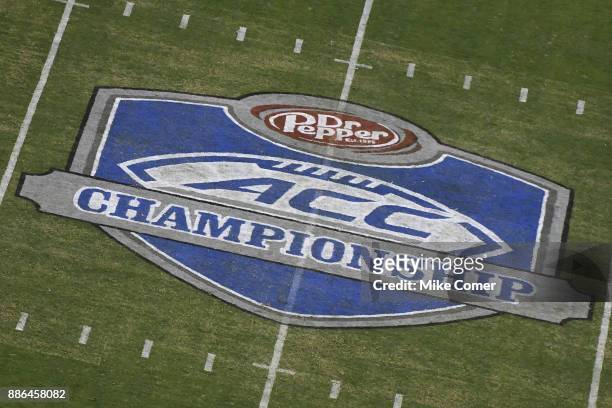 General view of the ACC Championship logo at midfield during the ACC Football Championship matchup of the Clemson Tigers and Miami Hurricanes at Bank...