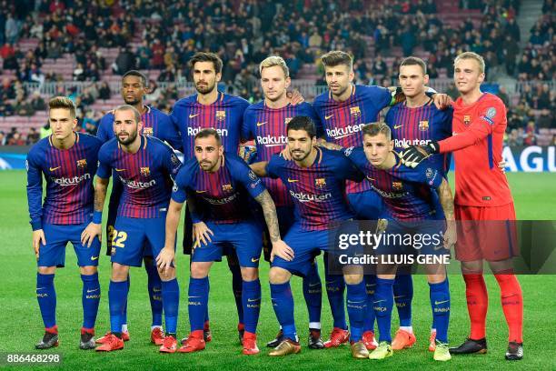 Barcelona's Portuguese defender Nelson Semedo, Barcelona's Portuguese midfielder Andre Gomes, Barcelona's Croatian midfielder Ivan Rakitic,...