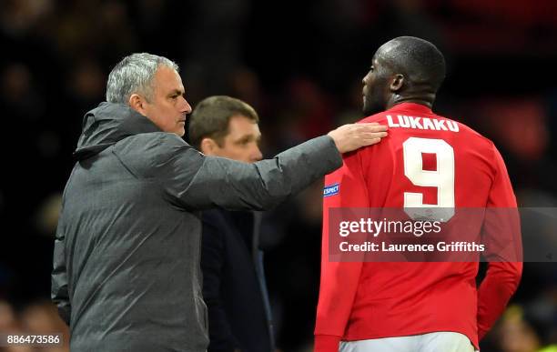 Jose Mourinho, Manager of Manchester United speaks to Romelu Lukaku of Manchester United during the UEFA Champions League group A match between...