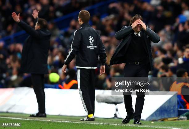 Antonio Conte, Manager of Chelsea reacts during the UEFA Champions League group C match between Chelsea FC and Atletico Madrid at Stamford Bridge on...