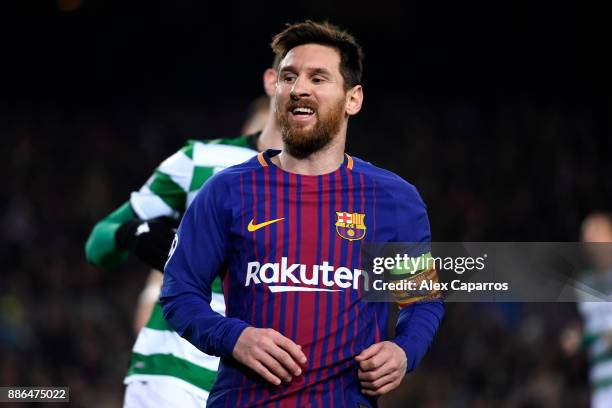 Lionel Messi of Barcelona looks on during the UEFA Champions League group D match between FC Barcelona and Sporting CP at Camp Nou on December 5,...