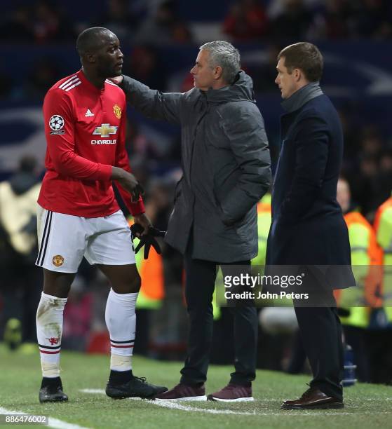 Romelu Lukaku of Manchester United speaks to Jose Mourinho after being substituted during the UEFA Champions League group A match between Manchester...