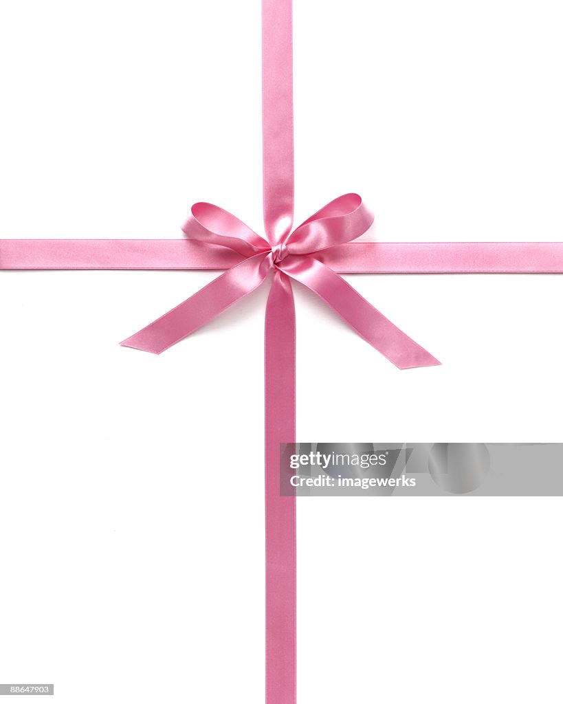 Pink ribbon with bow against white background, close-up