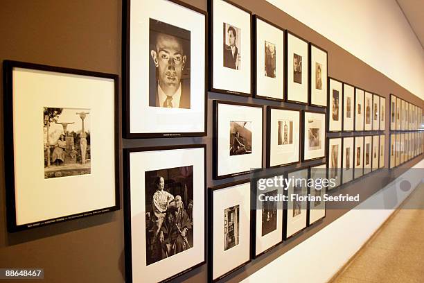 Photographs are displayed at the panel discussion of surrealism in art with artist Neo Rauch and art historian Werner Spies at the New National...