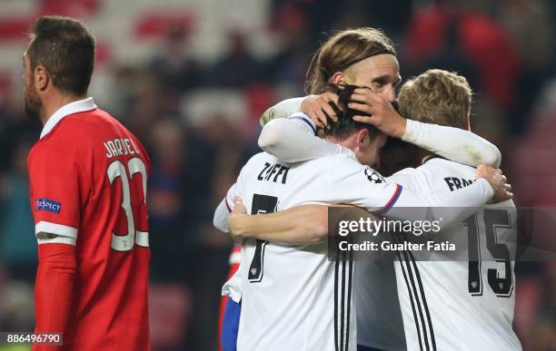 Fc Basel defender Michael Lang from Switzerland celebrates the victory with teammates Fc Basel midfielder Alexander Fransson from Sweden and Fc Basel...