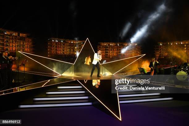 Singer Matteo Brancaleoni performs during the Grand Opening of Bulgari Dubai Resort on December 5, 2017 in Dubai, United Arab Emirates.