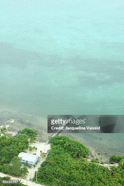 aerial view of house with pier, belize - the cayes stock pictures, royalty-free photos & images