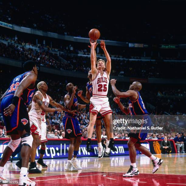 Steve Kerr of the Chicago Bulls shoots a jump shot against the New York Knicks in Game Five of the Eastern Conference Semifinals during the 1996 NBA...