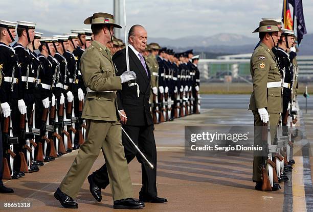 King Juan Carlos I inspects the Australian Federation Guard during his arrival in Australia for their 3 day State visit, at the Defence Establishment...