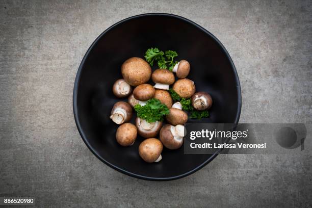 fresh brown mushrooms and parsley in a bowl - larissa veronesi stockfoto's en -beelden