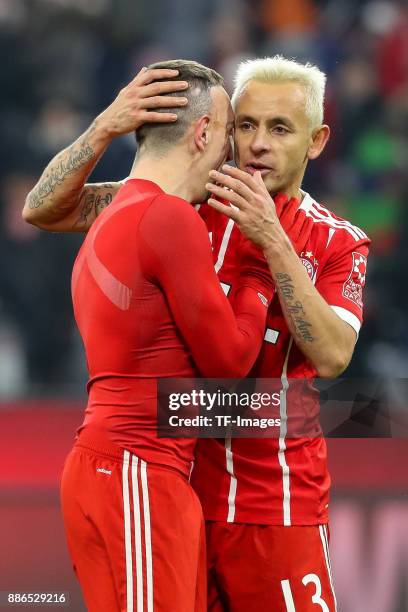 Franck Ribery of Bayern Muenchen Rafinha of Bayern Muenchen celebrates after winning the Bundesliga match between FC Bayern Muenchen and Hannover 96...