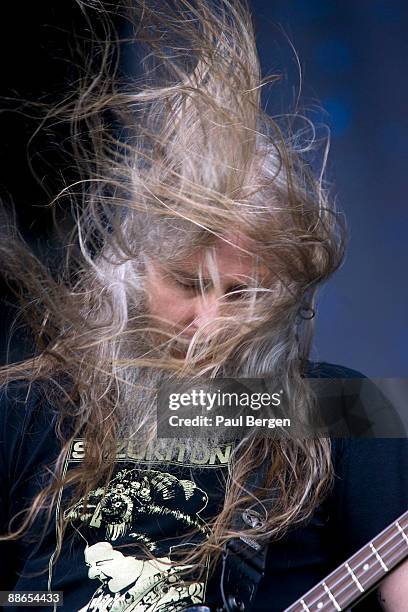 John Campbell bass player of American metal band Lamb of God performs on stage at Sonisphere at Goffertpark on June 20, 2009 in Nijmegen, Netherlands.