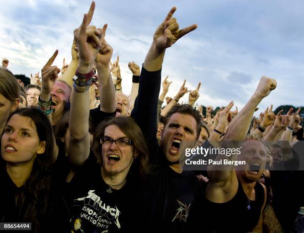 Metallica fans screaming in the audience at the heavy metal Sonisphere Festival where Metallica, Slipknot, Korn, Lamb of God and Down were performing...