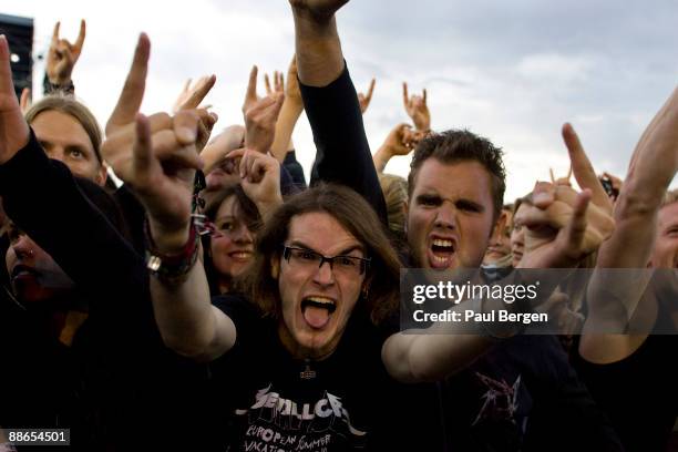 Metallica fans screaming in the audience at the heavy metal Sonisphere Festival where Metallica, Slipknot, Korn, Lamb of God and Down were performing...
