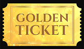 Gold ticket, golden token (tear-off ticket, coupon) with star magical background