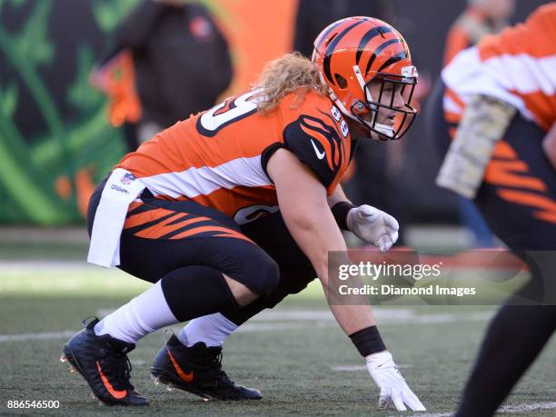 Tight end Ryan Hewitt of the Cincinnati Bengals awaits the snap from his position in the third quarter of a game on November 26, 2017 against the...