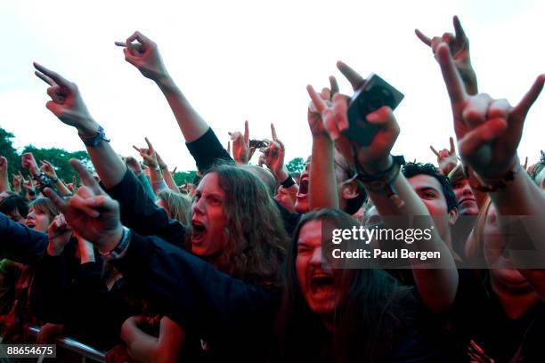 Hard rock fans screaming in the audience at the heavy metal Sonisphere Festival where Metallica, Slipknot, Korn, Lamb of God and Down were performing...