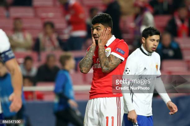 Benfica's Brazilian forward Gabriel Barbosa reacts during the UEFA Champions League Group A football match between SL Benfica and FC Basel at the Luz...