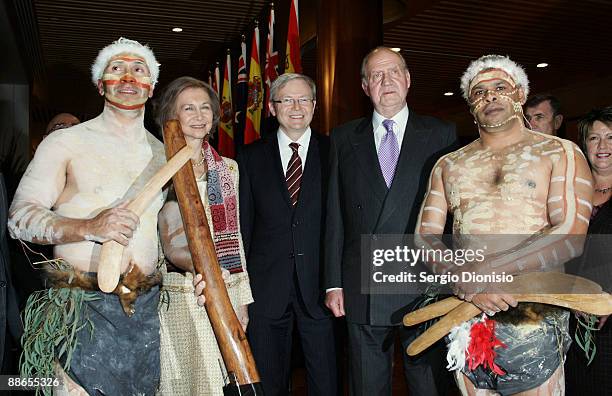 Queen Sofia of Spain, Australian Prime Minister Kevin Rudd and HRH King Juan Carlos I pose alongside performers from the Ngambri tribe during a...