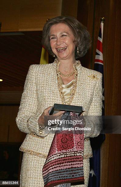 Queen Sofia of Spain laughs during a reception at Parliament House, as part of their 3 day State visit to Australia on June 24, 2009 in Canberra,...