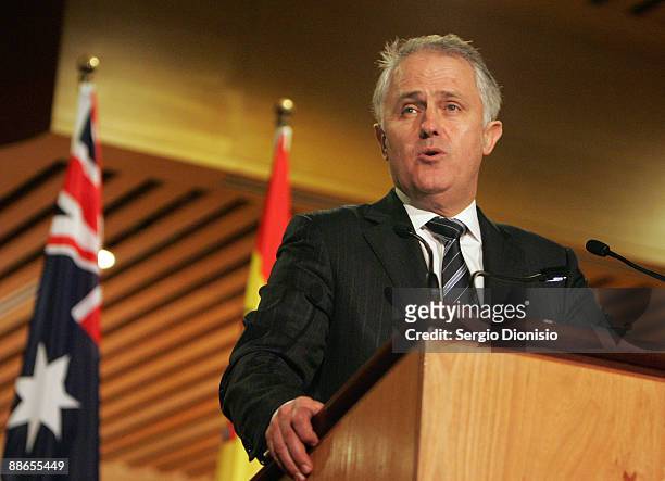 Australian opposition leader Malcom Turnbull speaks during a reception for HRH King Juan Carlos I and HRH Queen Sofia of Spain at Parliament House,...