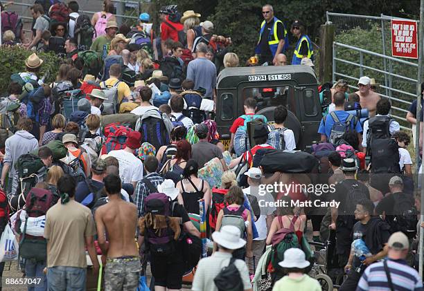 Music fans start to arrive at the Glastonbury Festival site at Worthy Farm, Pilton on June 24, 2009 near Glastonbury, England. Gates opened today for...