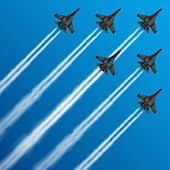 Military fighter jets with condensation trails in sky vector illustration