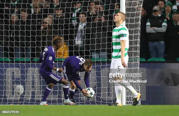 Jozo Simunovic of Celtic reacts after scoring in his own goal during the UEFA Champions League group B match between Celtic FC and RSC Anderlecht at...