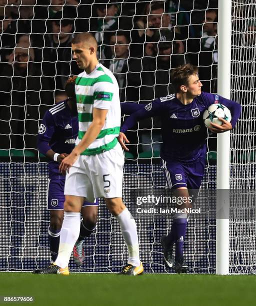 Jozo Simunovic of Celtic reacts after scoring in his own goal during the UEFA Champions League group B match between Celtic FC and RSC Anderlecht at...