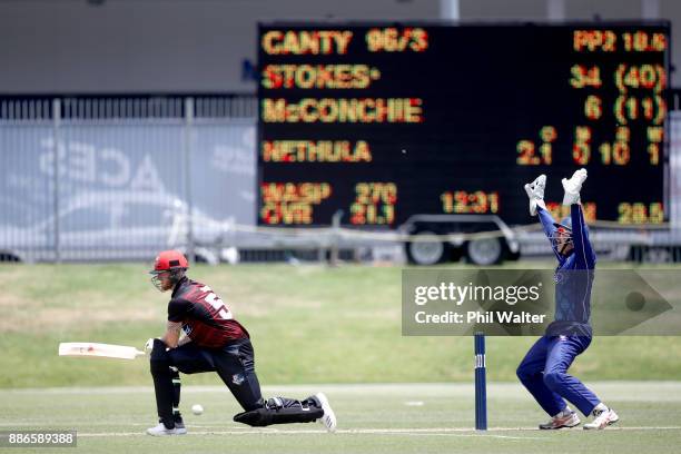 Ben Stokes of Canterbury is trapped LBW by Tarun Nethula of Auckland during the Ford Trophy match between Auckland and Canterbury at Eden Park on...