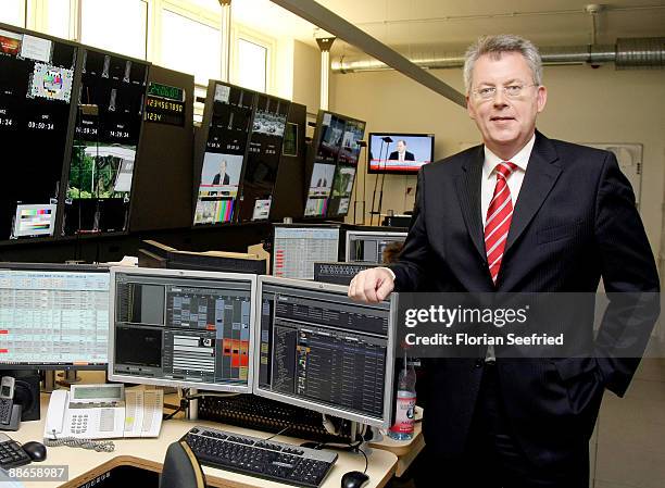 Chief editor of N24 Peter Limbourg poses in the master control room during a walk through the N24 studio at Potsdamer Platz on June 24, 2009 in...