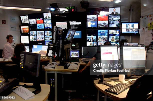 The director area of the N24 studio is seen at Potsdamer Platz on June 24, 2009 in Berlin, Germany. The N24 newsroom, which moved to Potsdamer Platz...