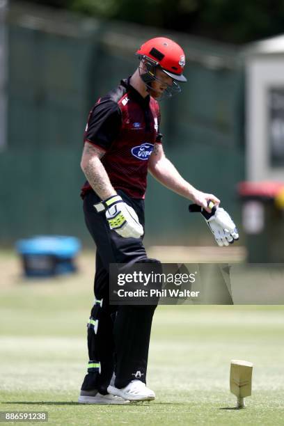 Ben Stokes of Canterbury looses his bat after being dismissed LBW by Tarun Nethula of Auckland during the Ford Trophy match between Auckland and...