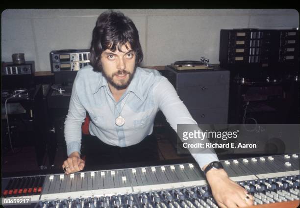 British producer and musician Alan Parsons poses at mixing desk in the control room of Media Sound Studios recording studio in 1979 in New York, USA.